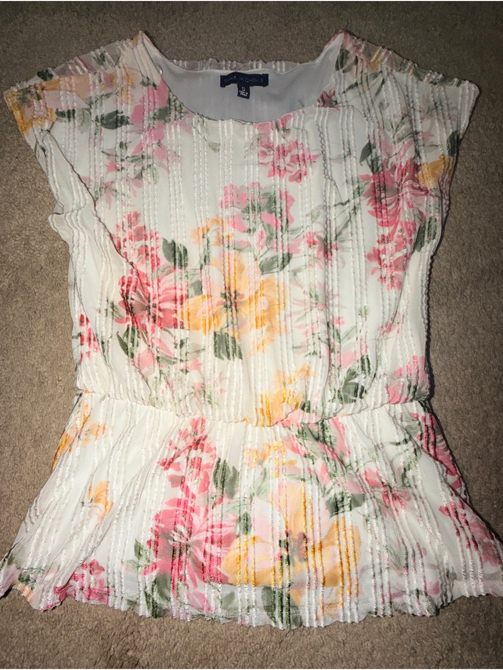 Sara Michelle White Floral Peplum Top with Pink & Yellow Blooms